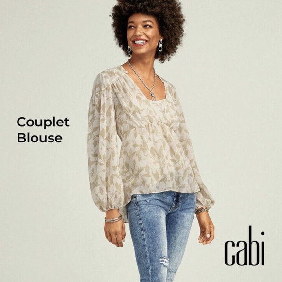 Cabi Couplet Blouse Top with Cami Cream Tan Leaf Design - Small - Picture 1 of 12